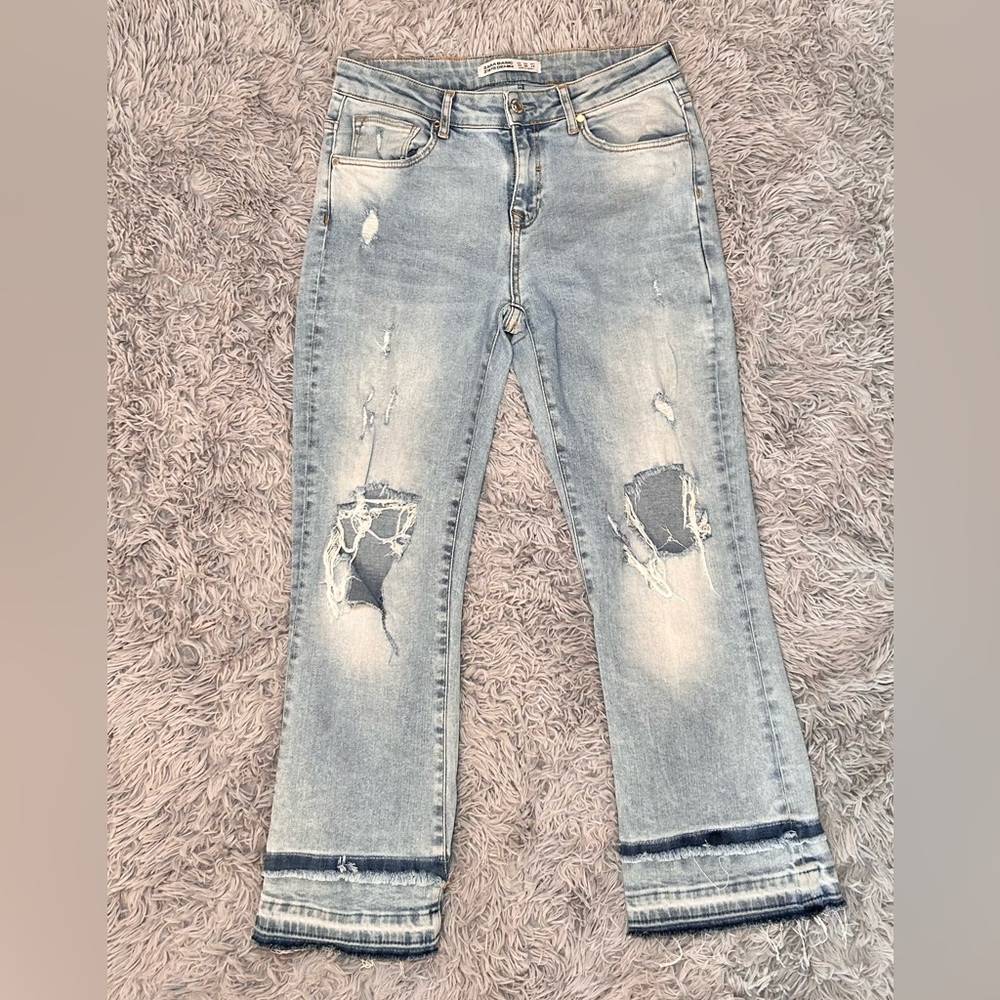 Zara Basic Cropped Flare Denim Jeans Ripped Light Wash Women’s Size 08